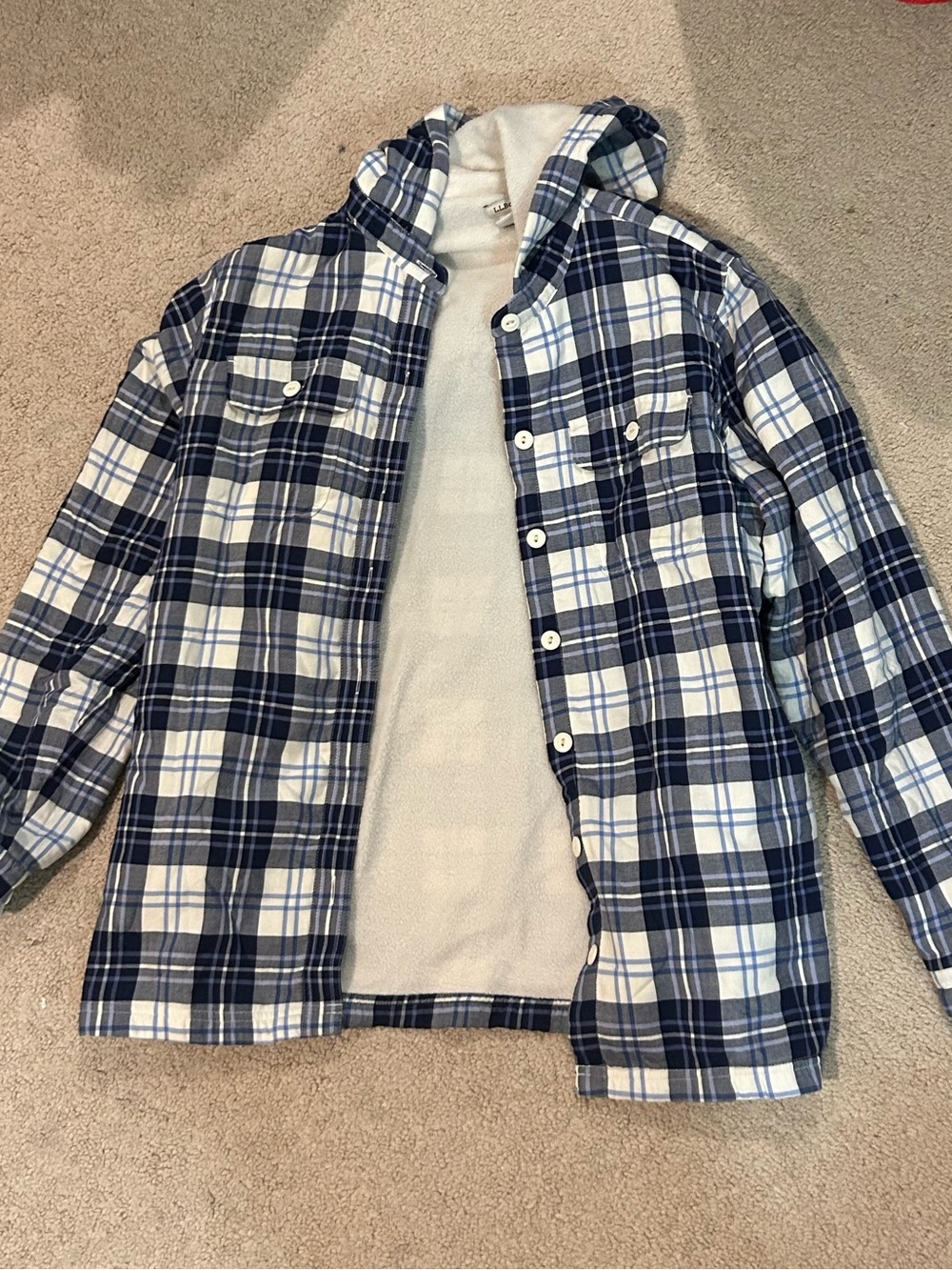LL Bean Plaid Sherpa-Lined Hooded Jacket - Blue & White